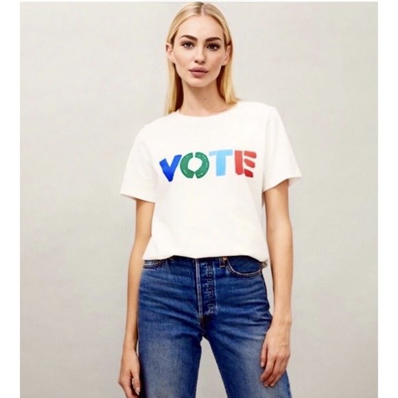 Limited Ed. Tory Burch White MultiColor VOTE Graphic Short Sleeve Tee Shirt S - Picture 1 of 9